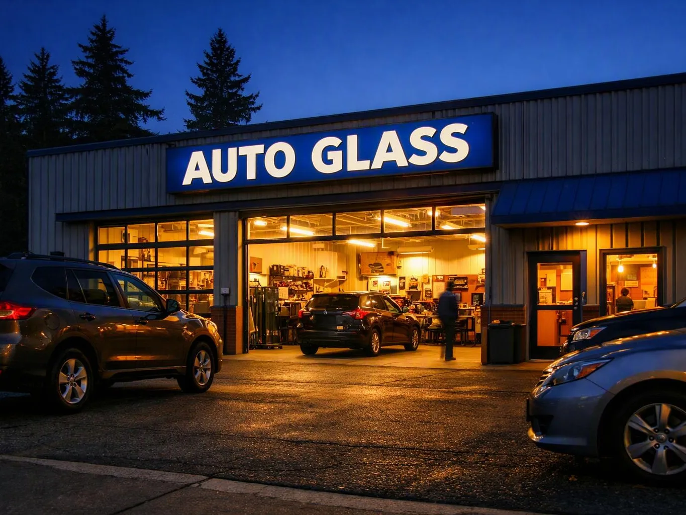 An auto glass shop glows at dusk, with parked cars and a person near the open service bay