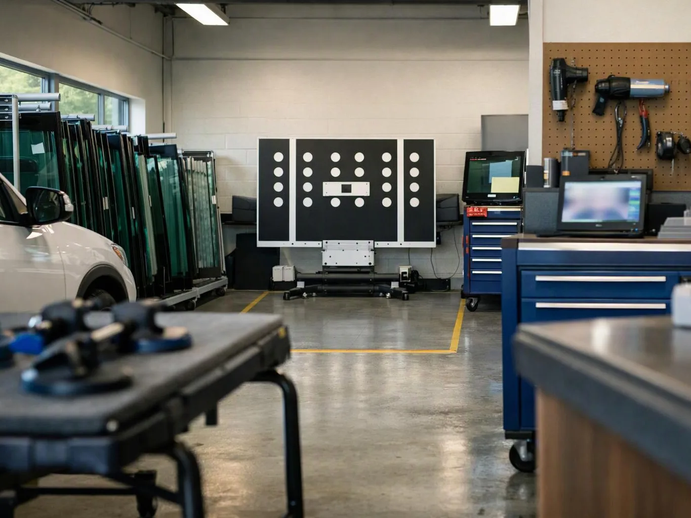 An auto repair workshop with glass panels, a white vehicle, blue tool chests, and testing equipment against the back wall