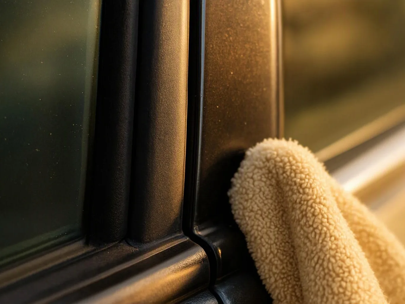 A beige microfiber cloth wipes a black window frame in warm sunlight