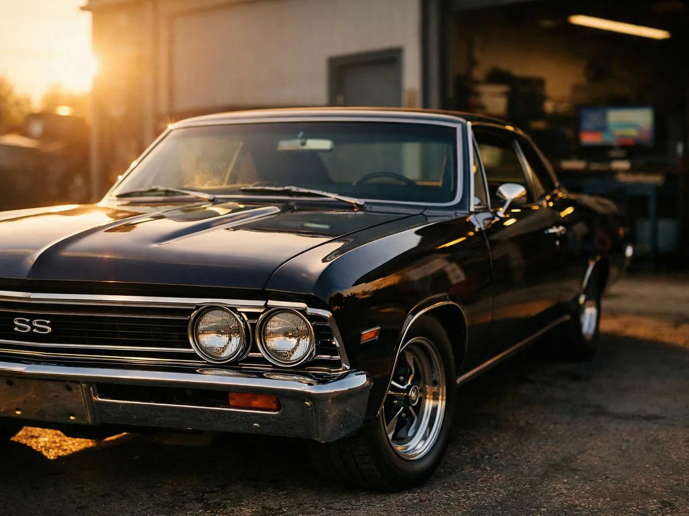 Black classic muscle car parked outside a garage at sunset with chrome details and twin headlights