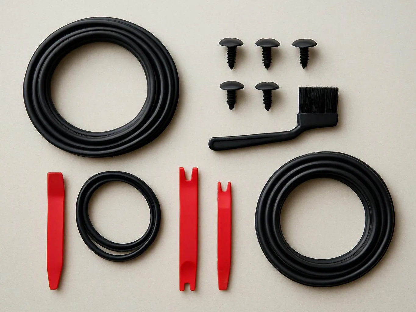 Black coiled hoses, red pry tools, screws, and a small brush are neatly arranged on a light surface