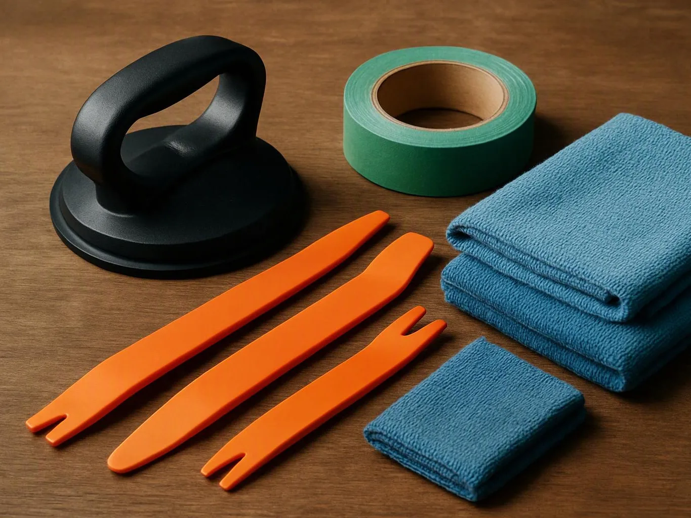Black suction cup, green tape roll, orange plastic tools, and folded blue cloths on a wooden table