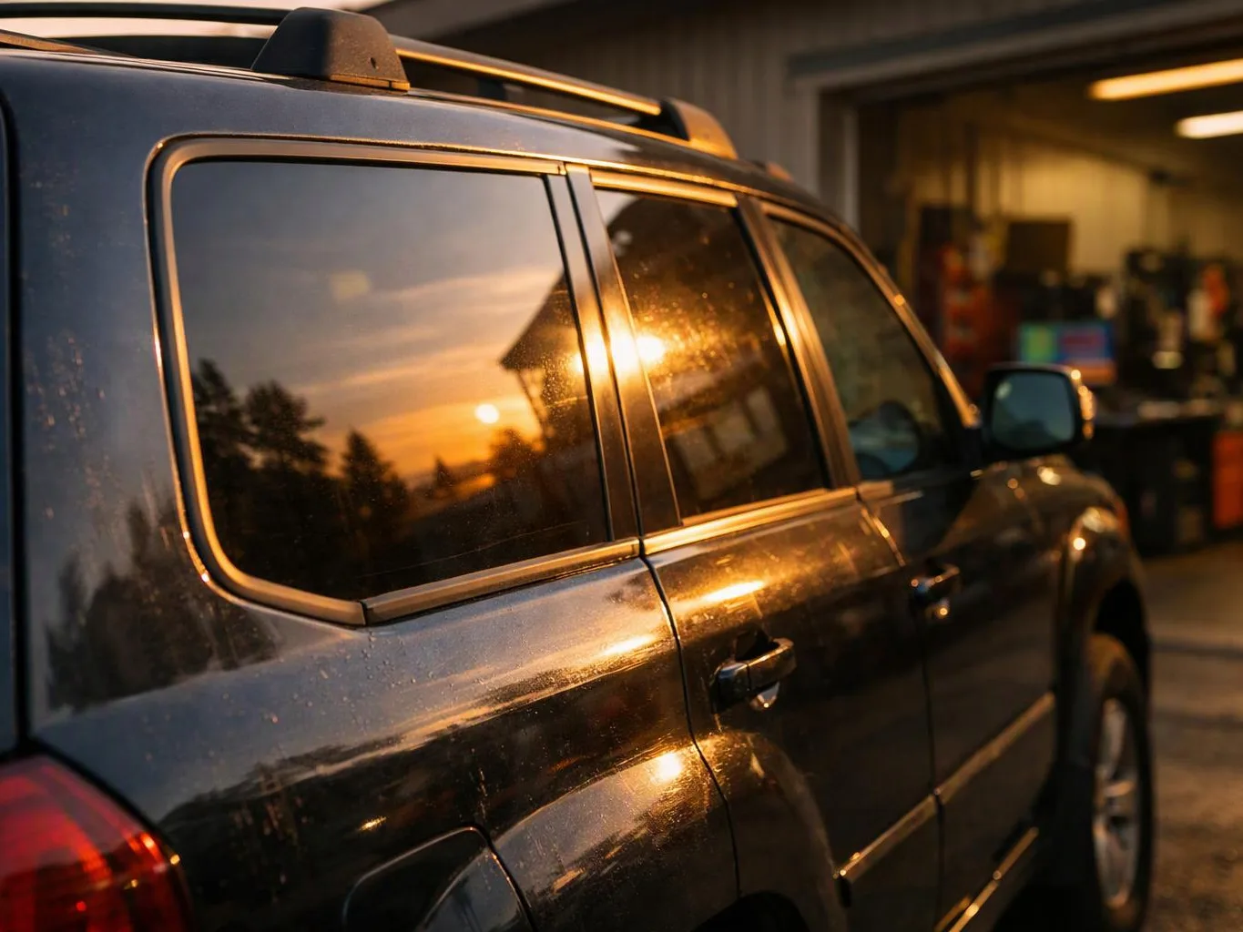 A black SUV is parked outside a garage, reflecting a warm sunset in its windows