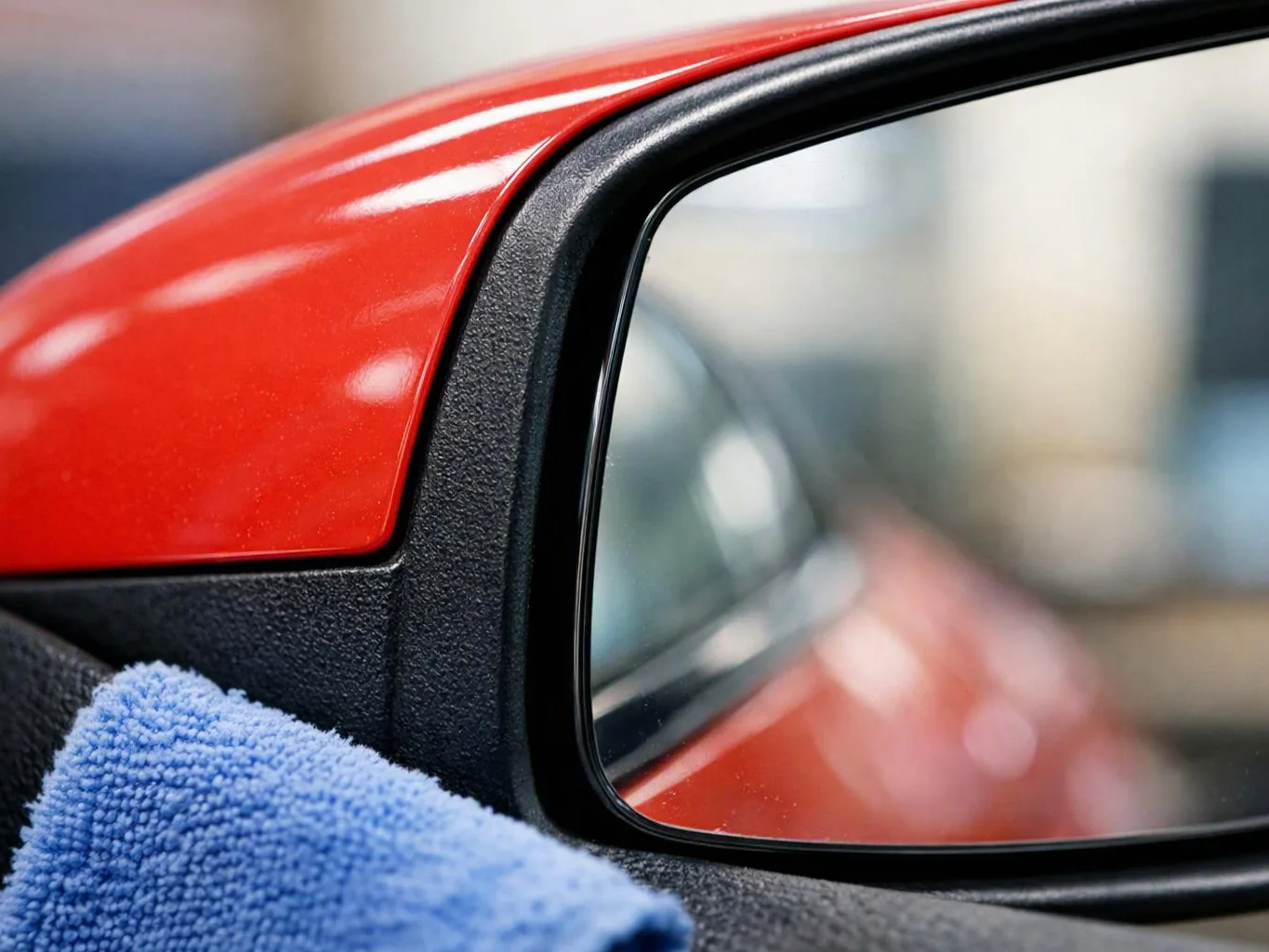 A blue cloth wipes a red car’s side mirror in a close-up garage scene