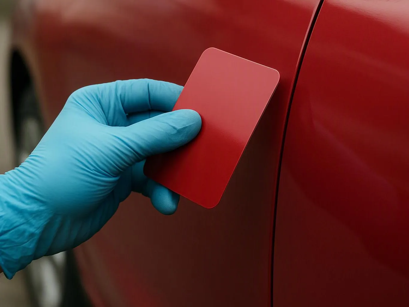 A blue-gloved hand holds a red card against a red car door panel