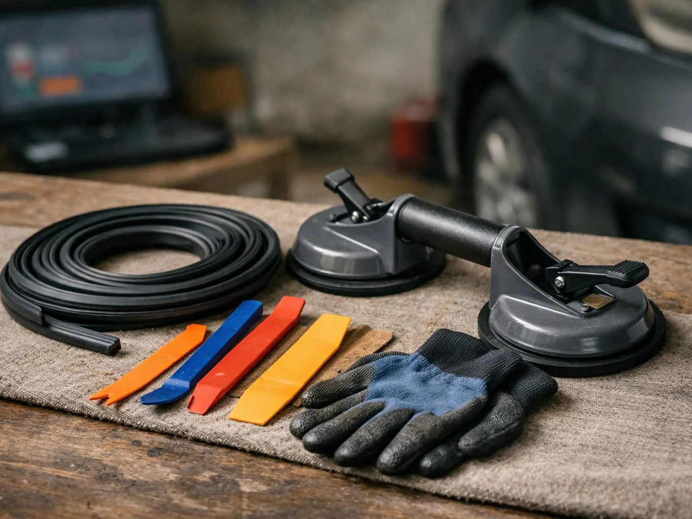 A car dent repair kit sits on a wooden workbench with suction tools, pry bars, coiled tubing, and gloves