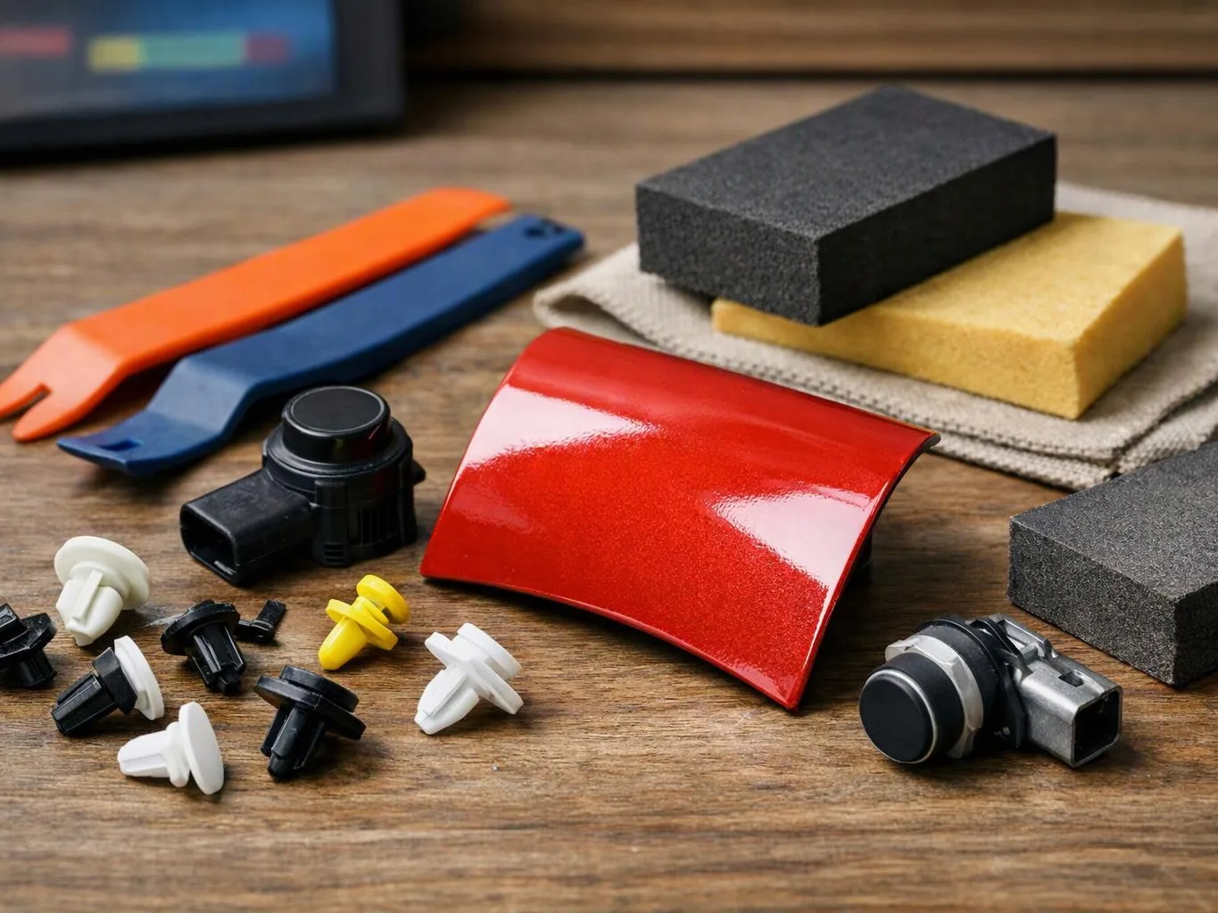 Car trim clips, pry tools, foam blocks, and a glossy red panel sit on a wooden workbench