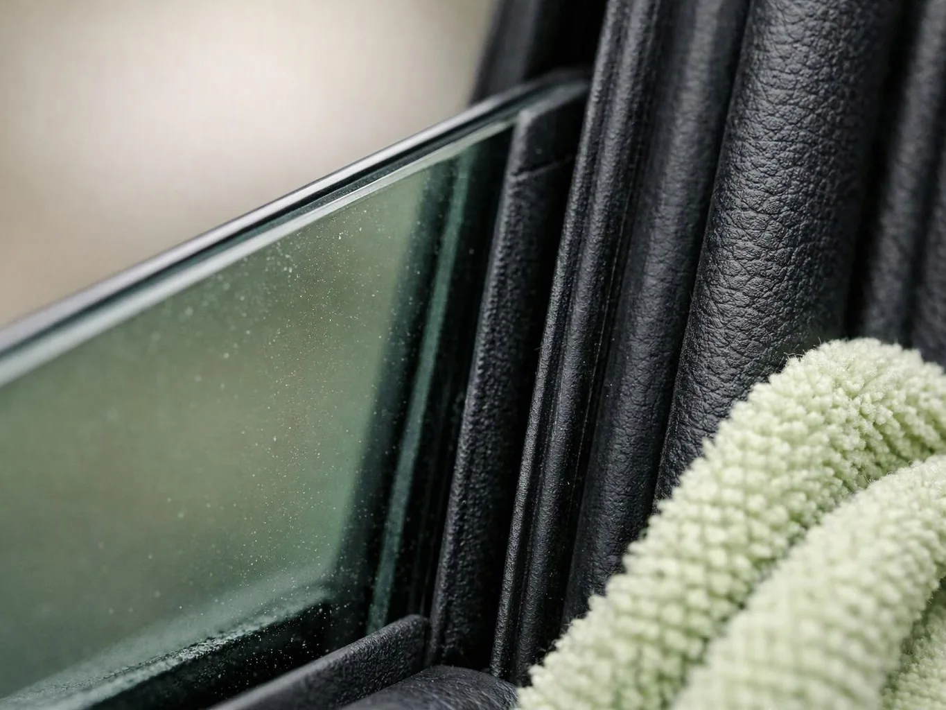 A car window with black trim sits beside a fuzzy green blanket draped in the corner