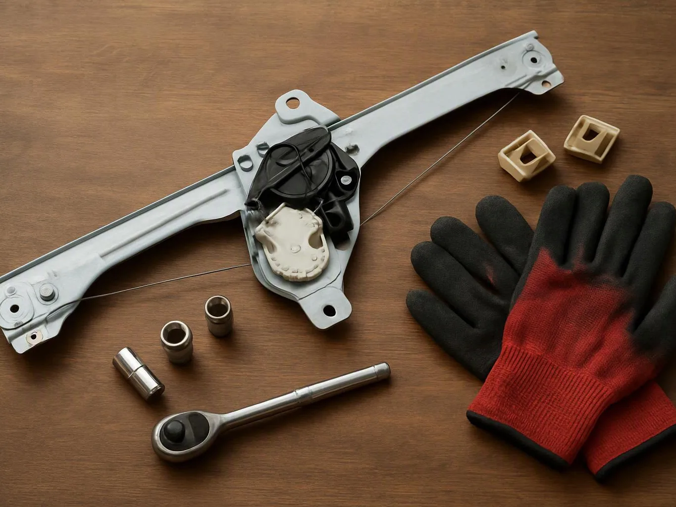 Car window regulator parts, a ratchet, sockets, and red-black gloves are laid out on a wooden surface