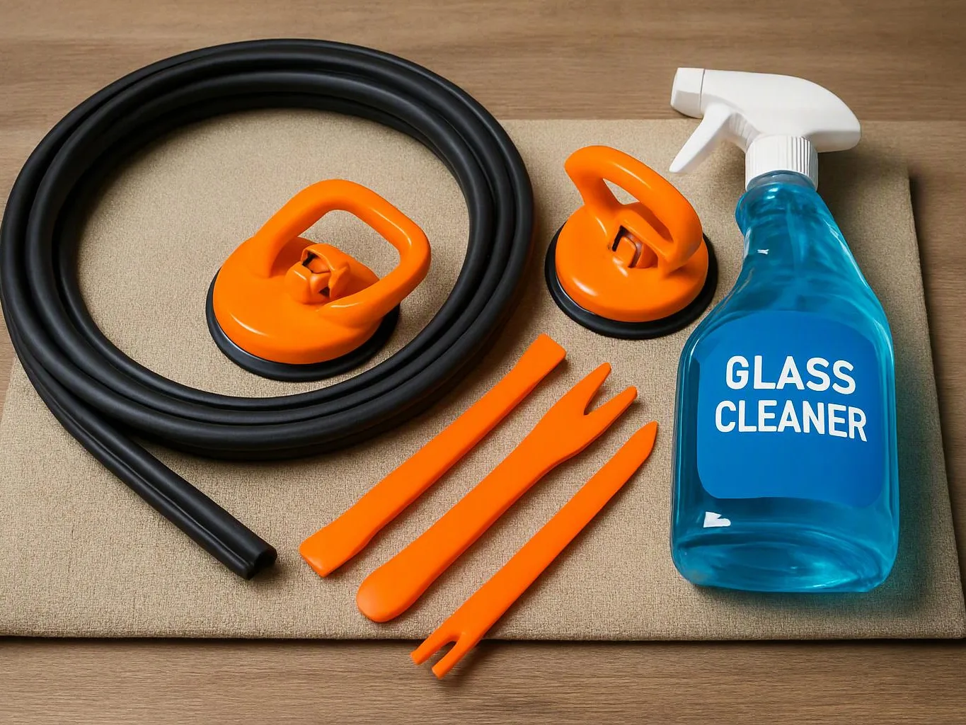 Cleaning tools and a blue spray bottle labeled glass cleaner arranged on a beige mat on a wooden table