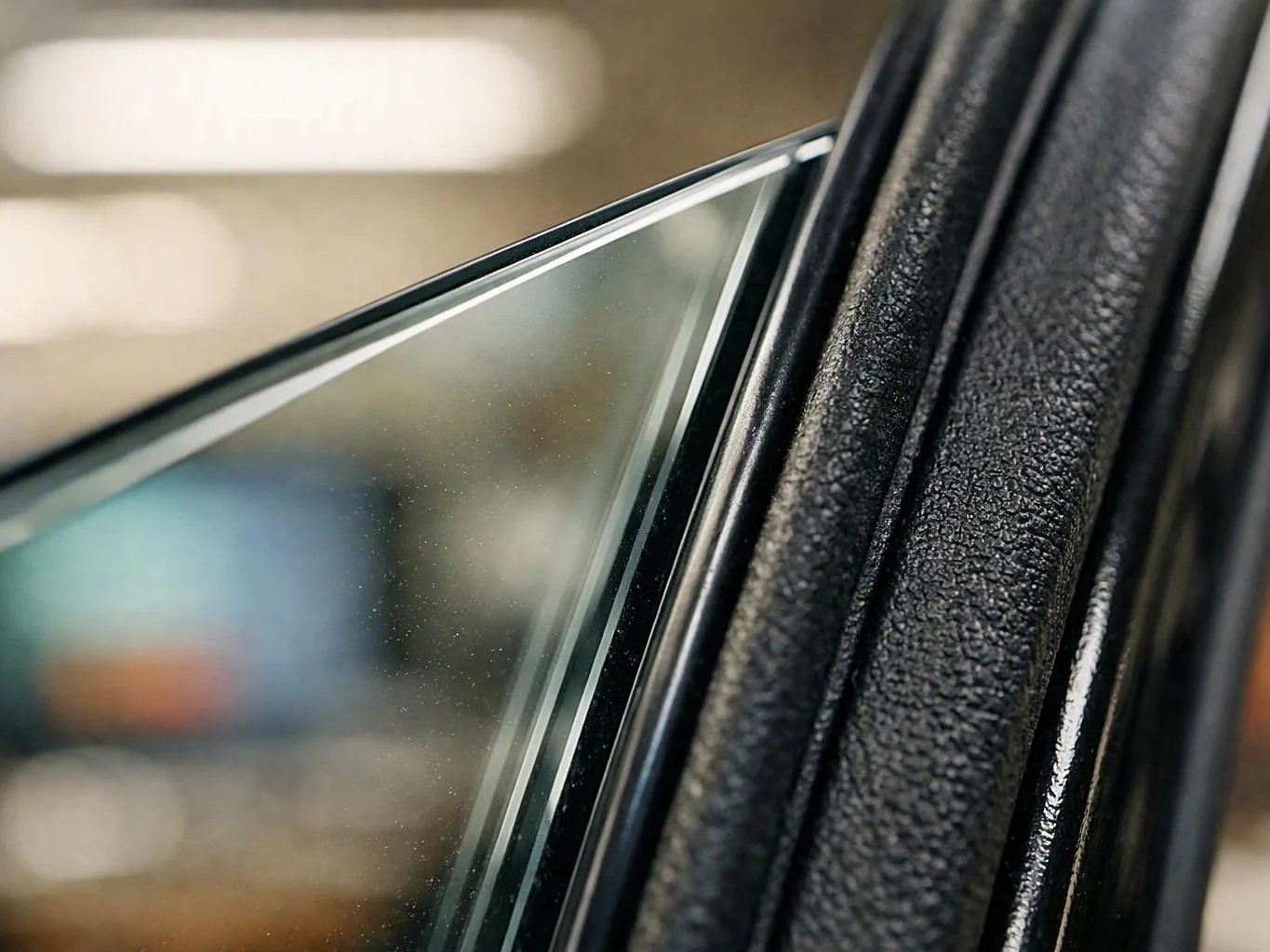 Close-up of a car window edge beside black textured trim with a blurred indoor background