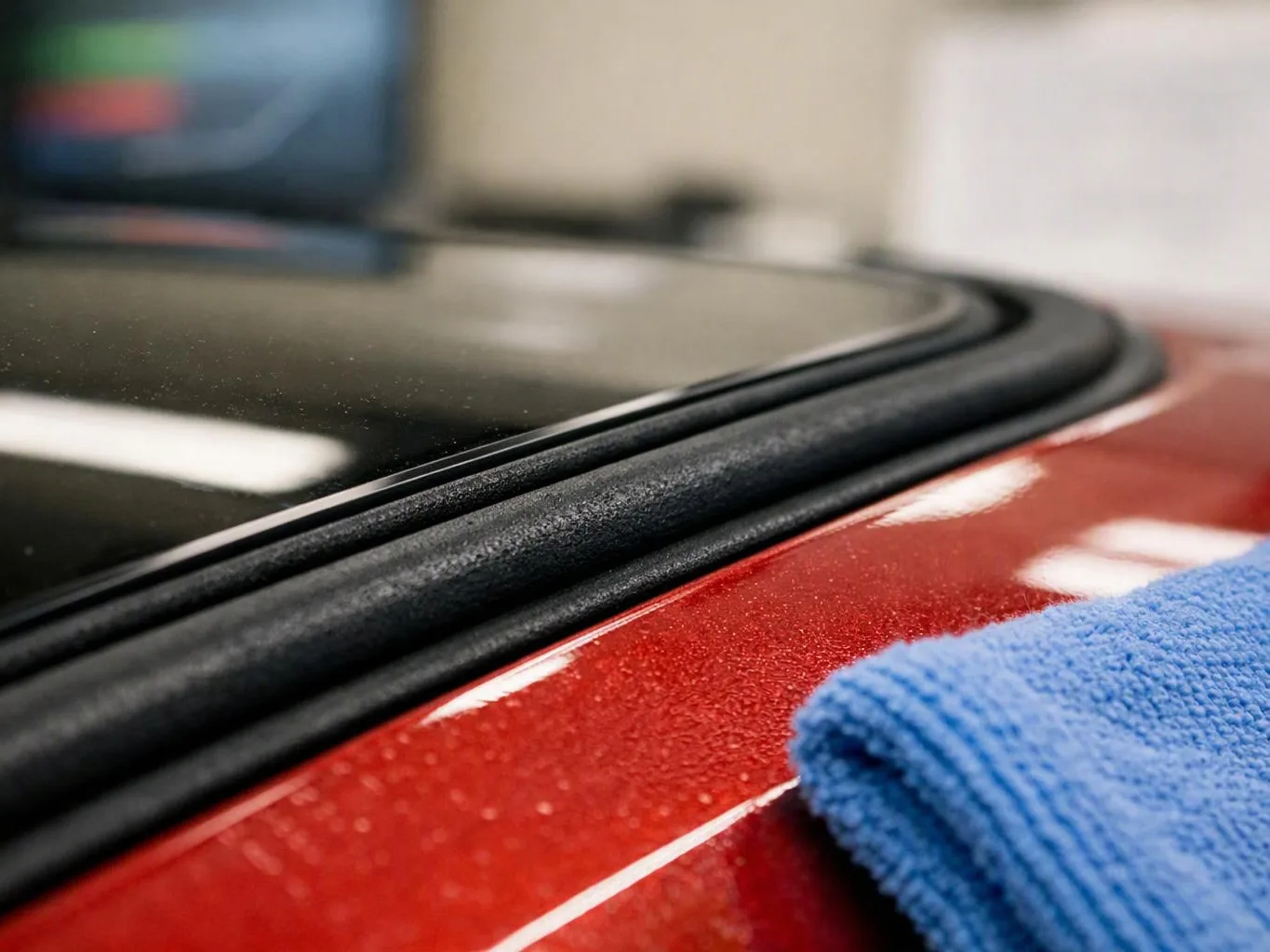 Close-up of a red car roof edge with black trim and a blue microfiber cloth in a workshop