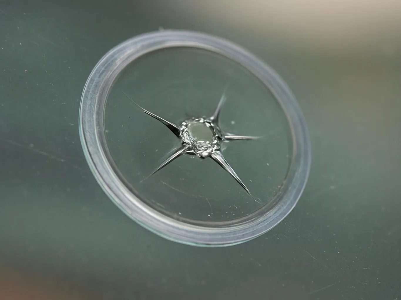 A cracked glass pane shows a small impact point with sharp star-shaped fractures on a dark surface