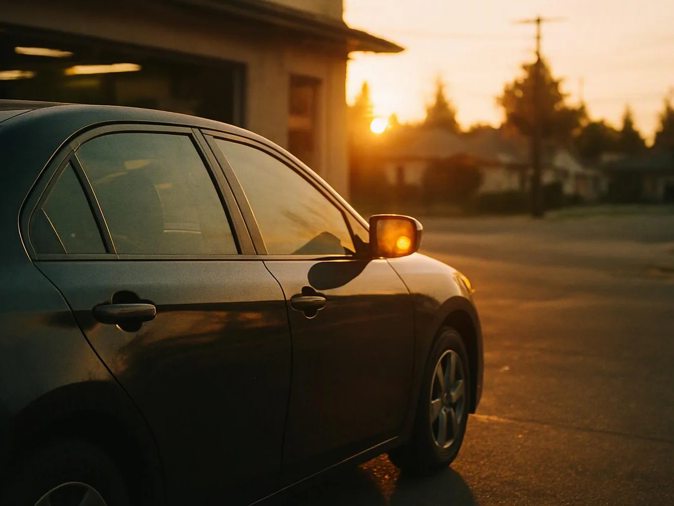 A dark sedan sits parked at sunset beside a building, with warm light reflecting off its windows