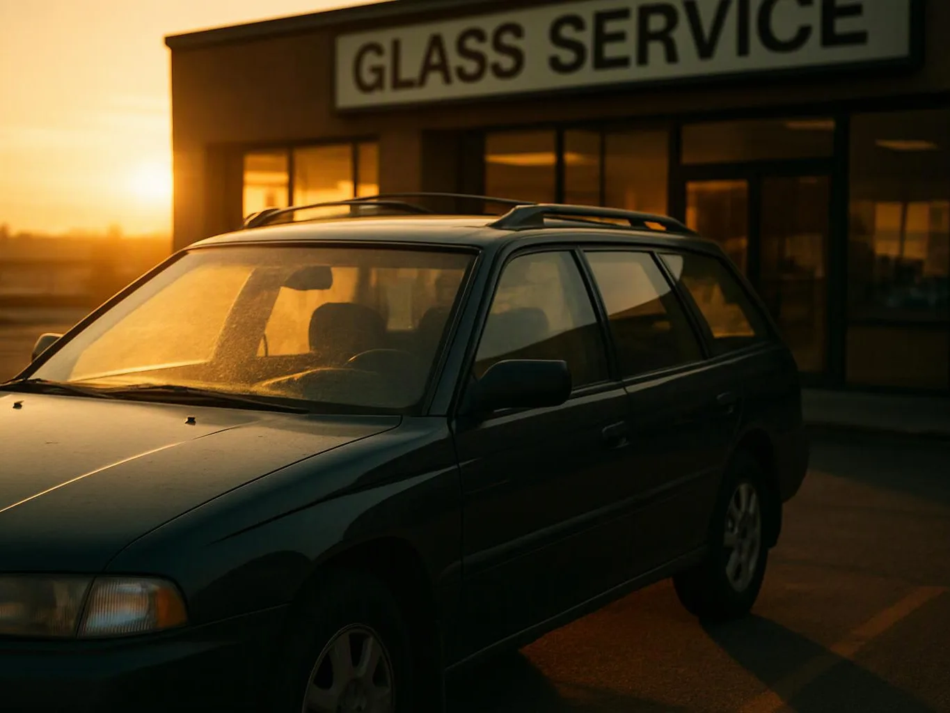 A dark station wagon sits outside a glass service building at sunset