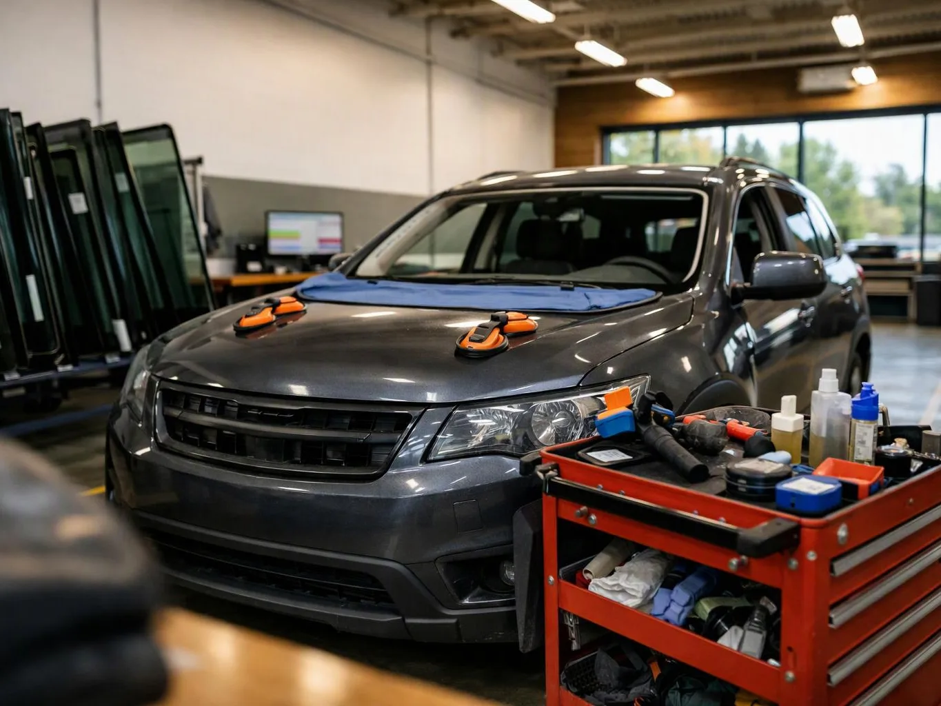 A dark SUV sits in an auto shop with cleaning tools on the hood and a red tool cart nearby
