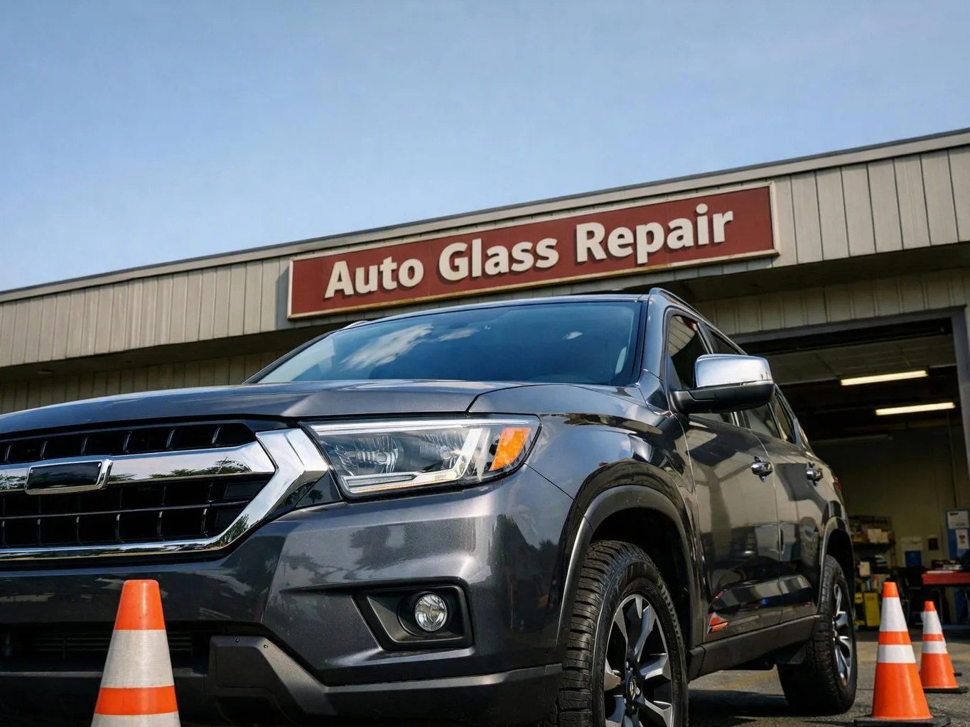 A dark SUV sits outside an auto glass repair shop with orange traffic cones nearby