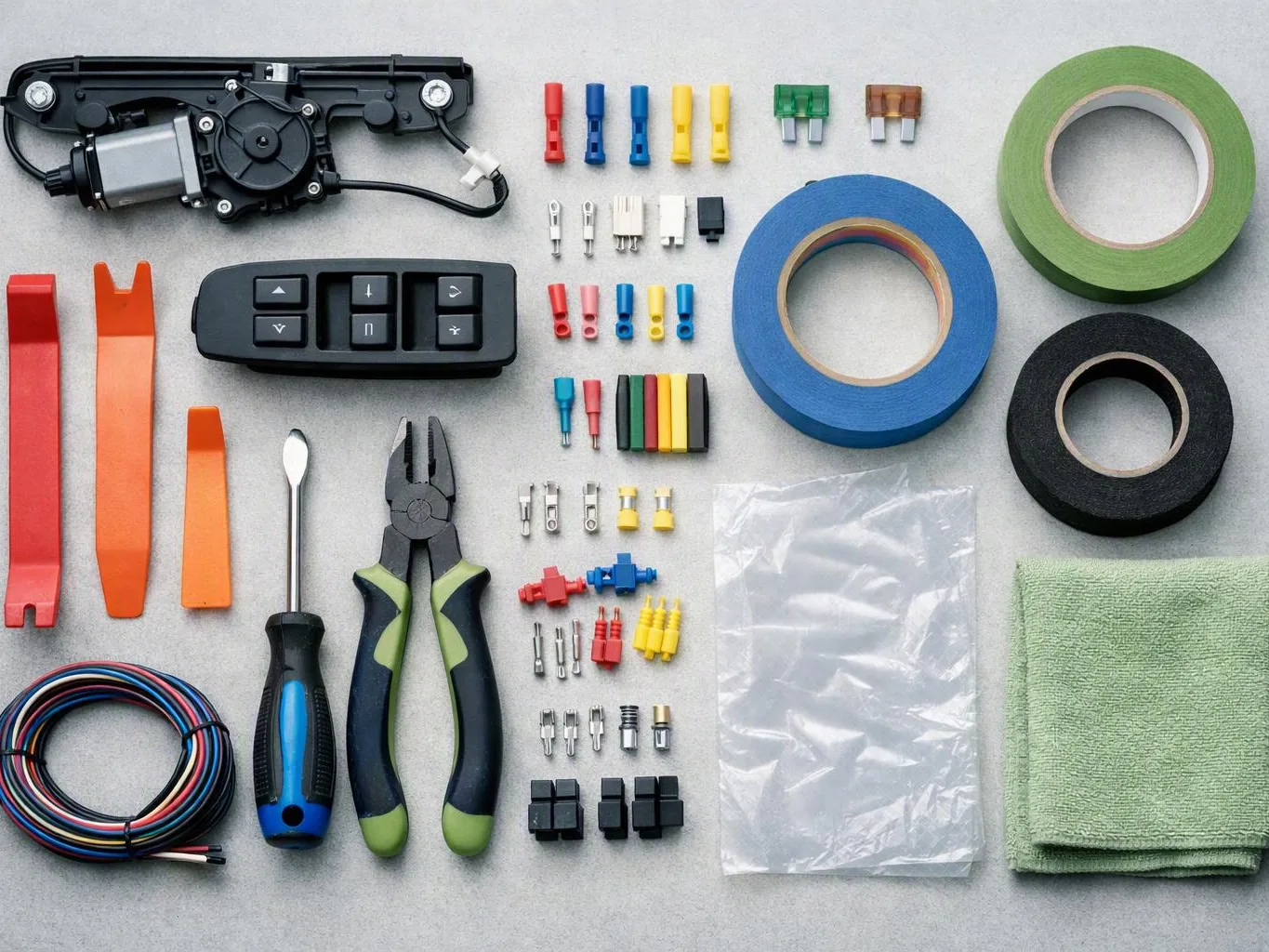 A flat lay shows car door repair tools, colored connectors, tape rolls, wire, pliers, and cloths on a gray surface