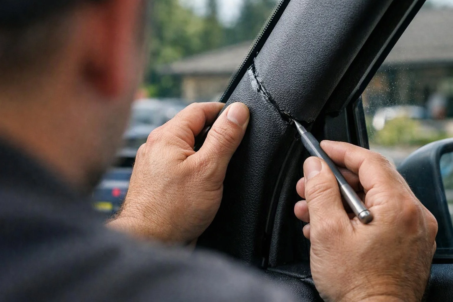 A man uses a metal tool to pry damaged car trim near the windshield inside a vehicle
