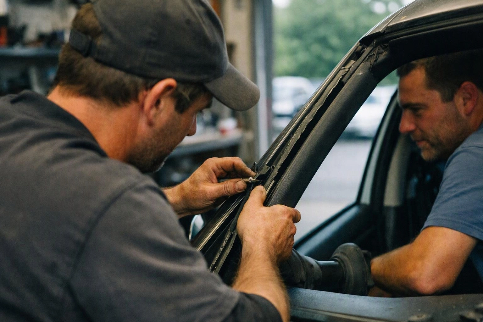 Two mechanics work on a car window frame inside a garage