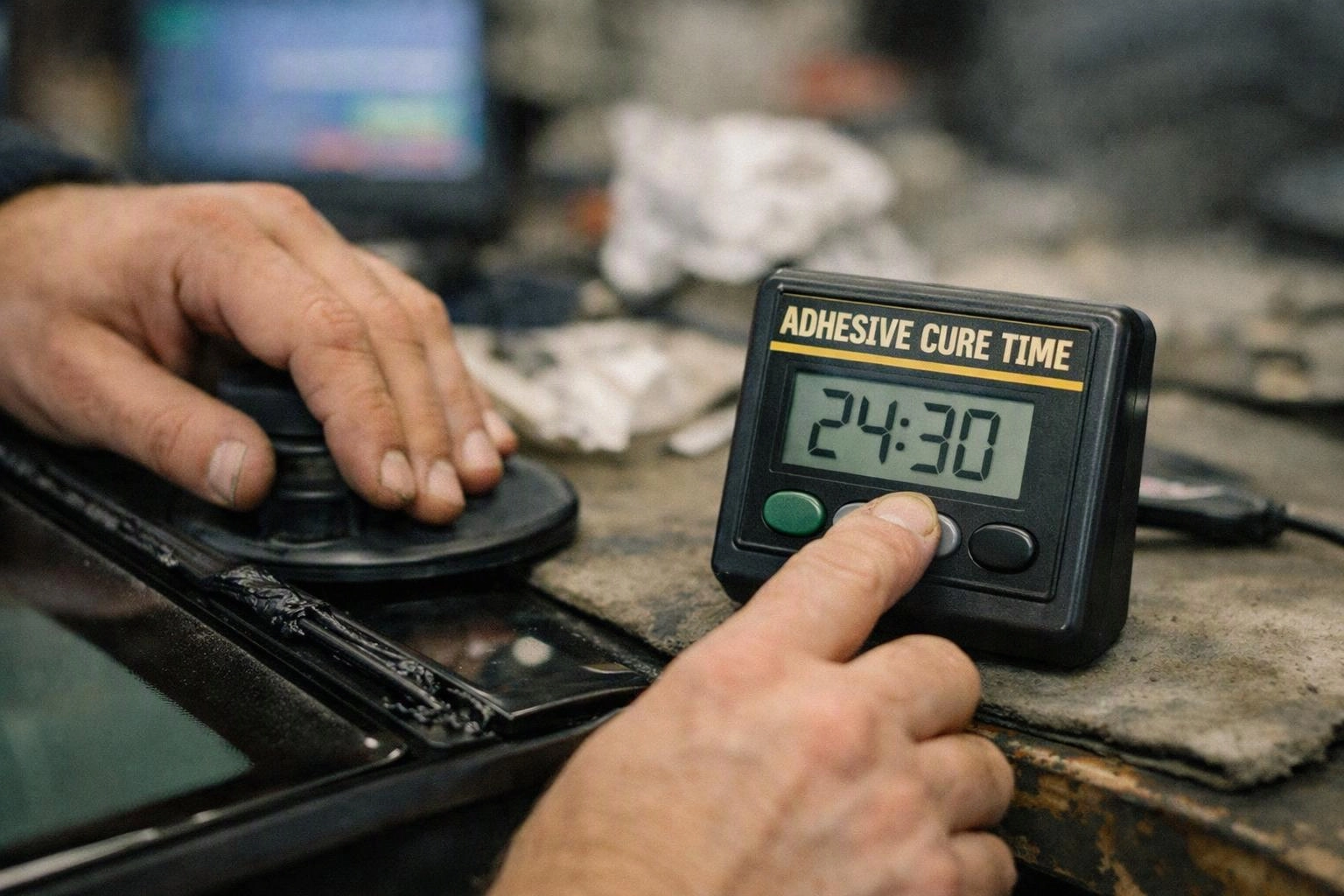 Hands press a black suction tool beside a timer labeled “ADHESIVE CURE TIME” on a workbench