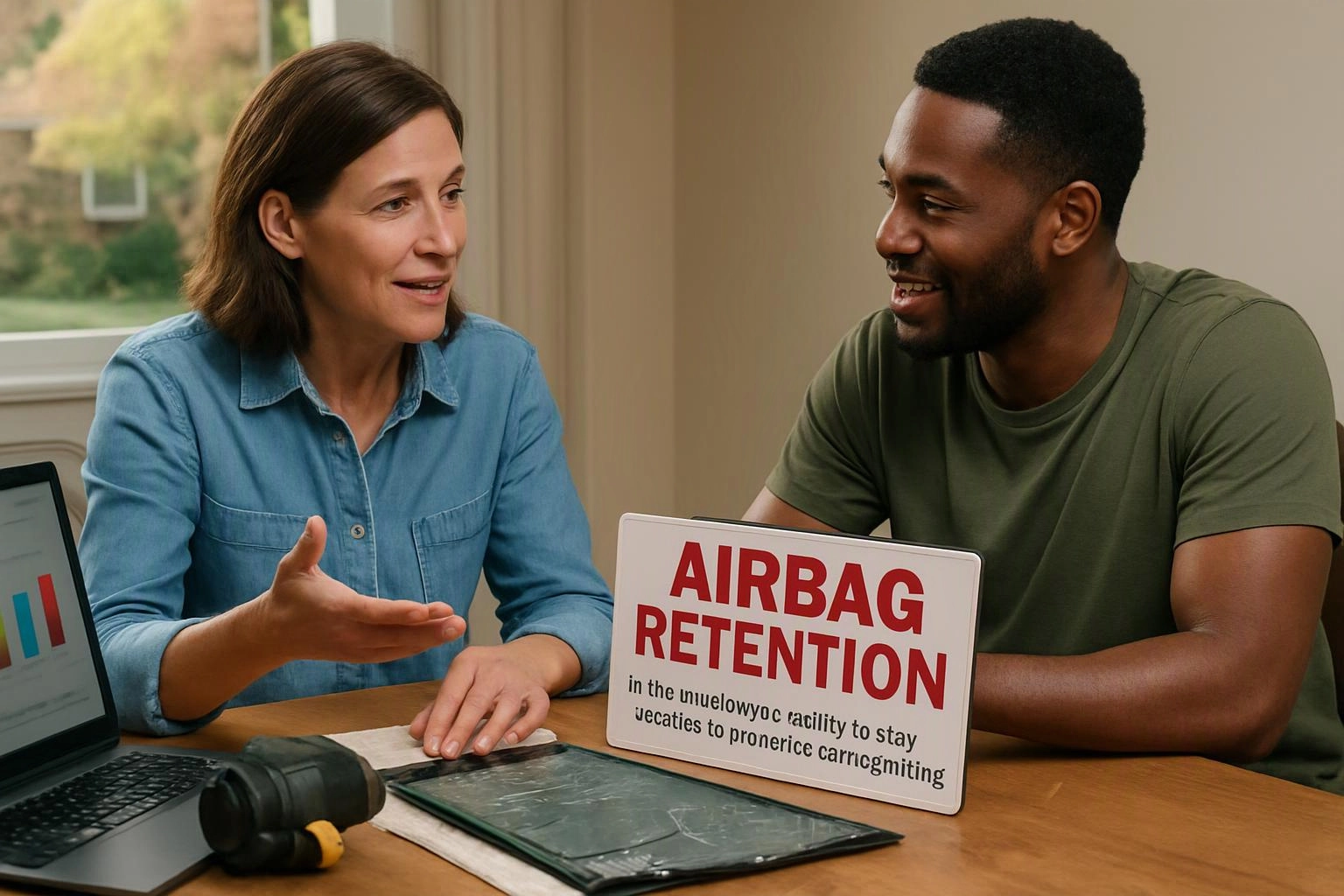 Two people talk at a table beside a laptop, charts, headphones, and a sign reading “AIRBAG RETENTION”