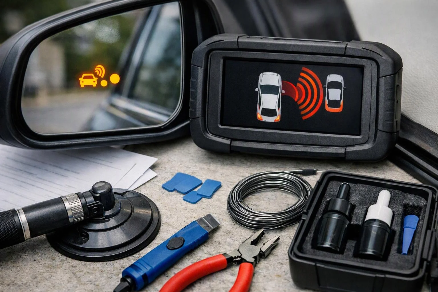 Car mirror and dashboard display show blind spot alerts beside assorted automotive tools on a work surface