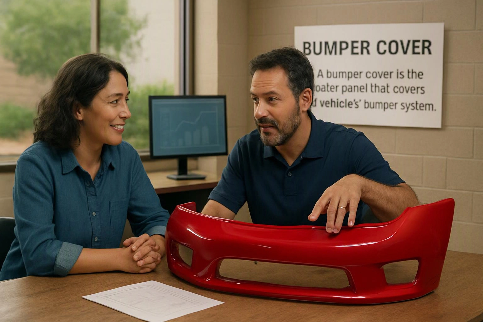 Two people sit at a table discussing a glossy red car bumper cover, with a labeled wall sign behind them