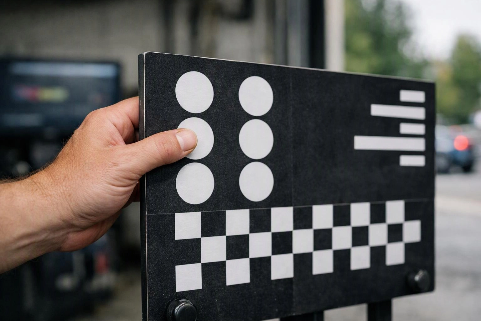 A hand holds a black calibration board with white circles, bars, and checker squares outdoors
