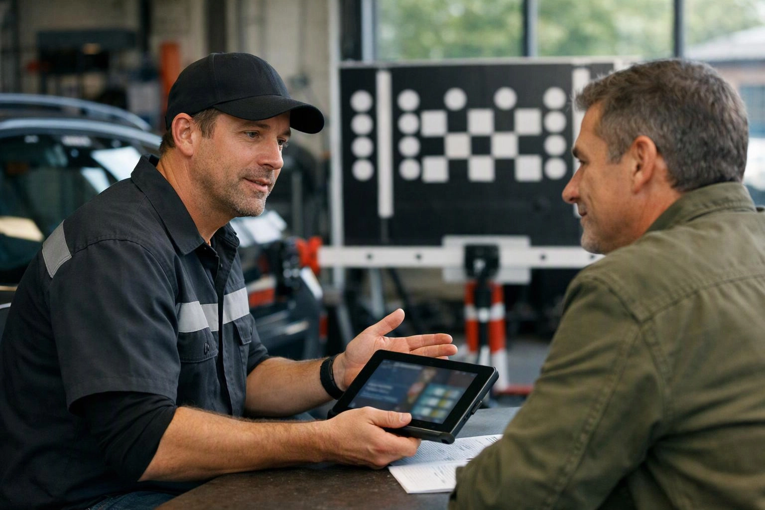 Two men talk in a garage, one holding a tablet while seated across from the other at a counter