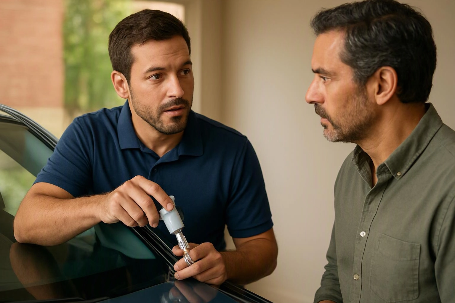 A man leans on a car and hands another man a small tool while they talk indoors