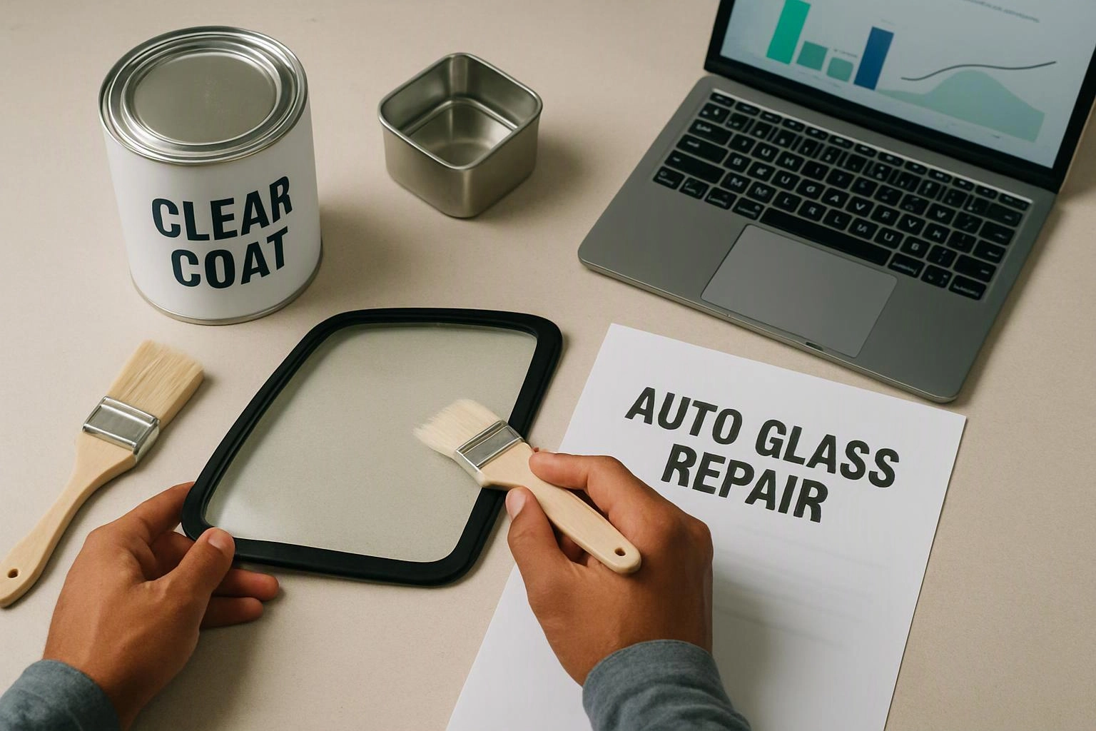 Hands hold a car window gasket and brush beside a paint can, laptop, and paper reading “AUTO GLASS REPAIR”