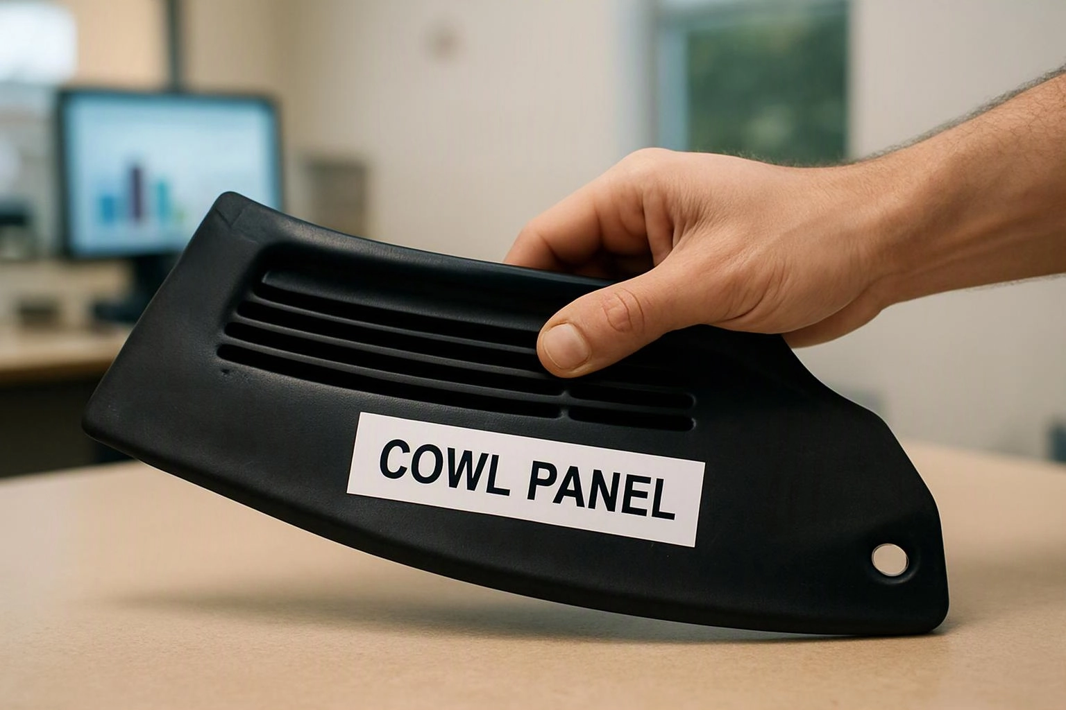 A hand holds a black vented plastic panel labeled COWL PANEL over a desk in an office setting