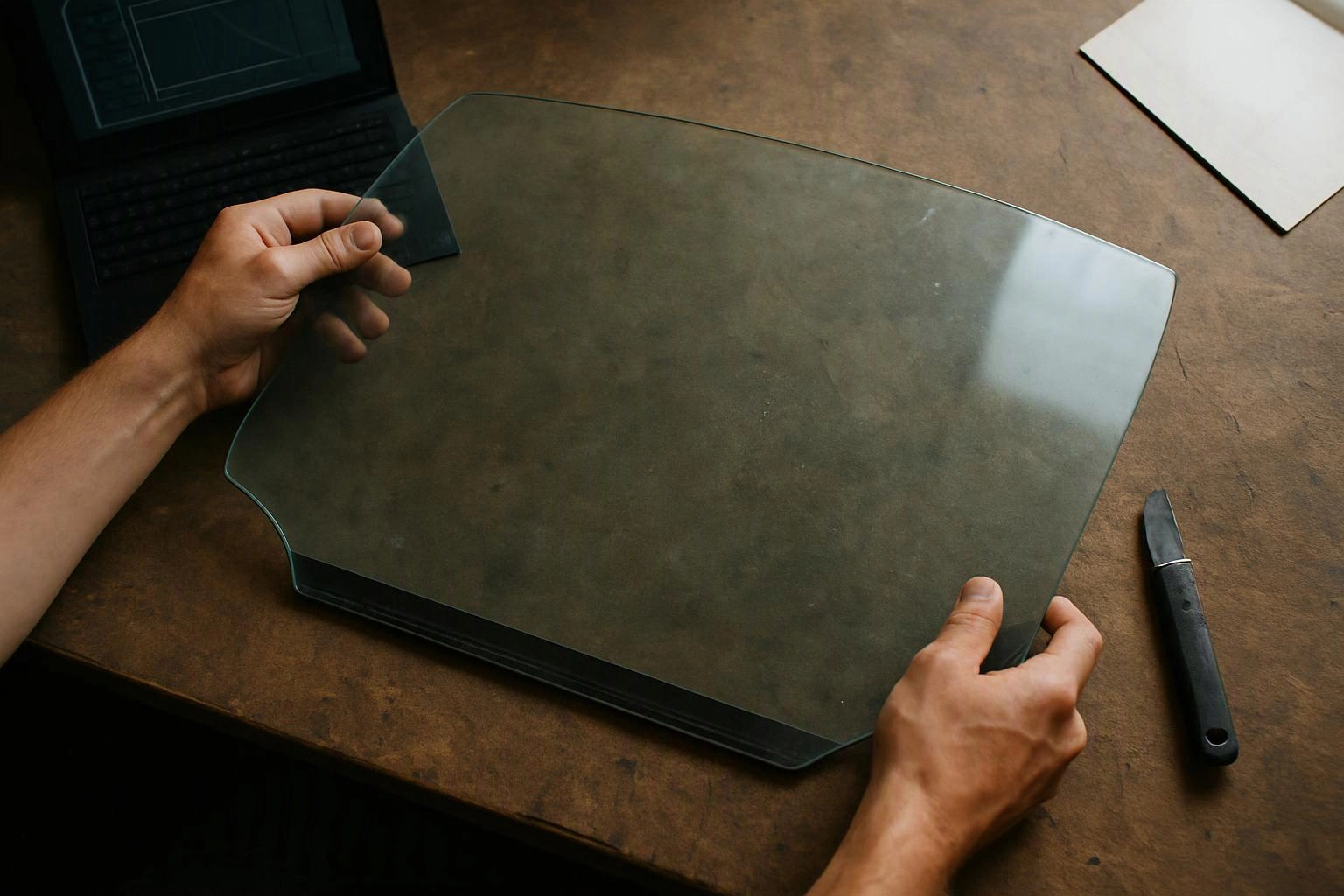Hands hold a large glass sheet over a worn wooden desk beside a laptop and a small knife
