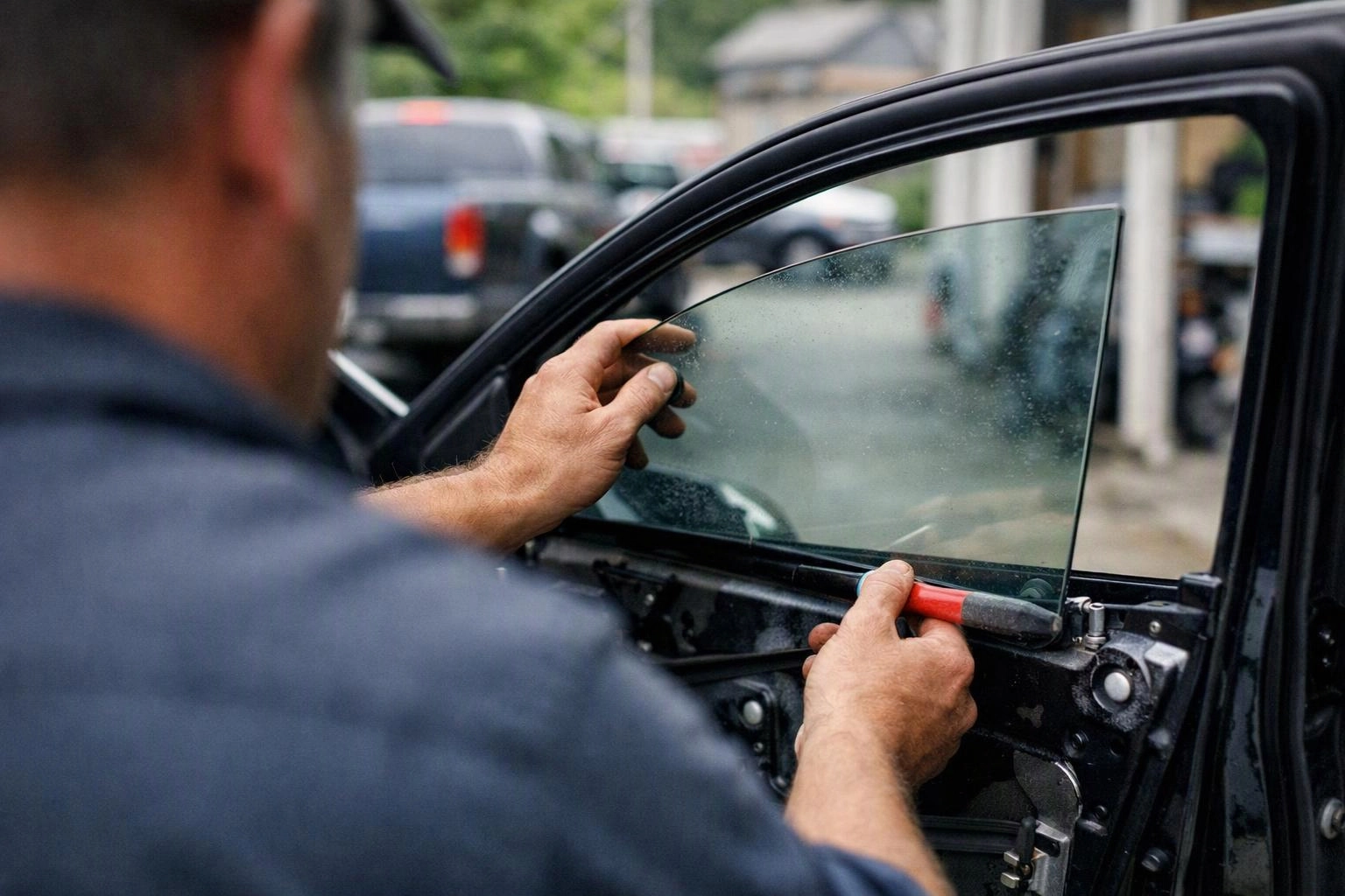 A mechanic fits a car window glass into the open door frame outdoors