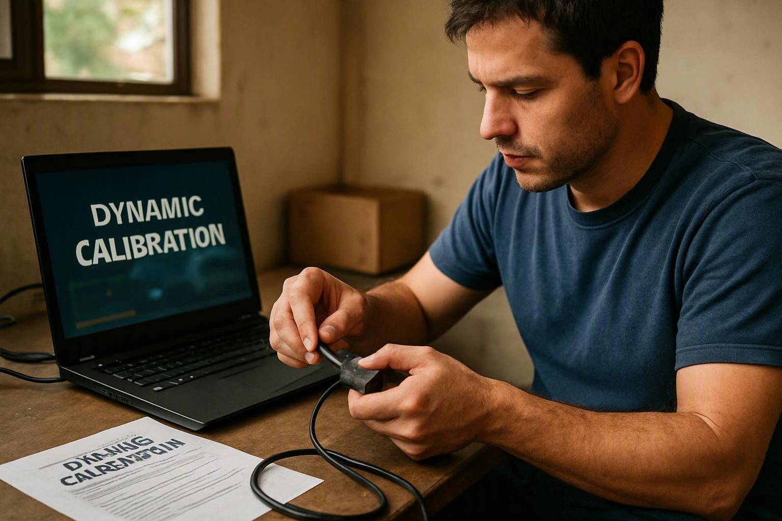 A man carefully connects a cable beside a laptop showing “DYNAMIC CALIBRATION” on a desk