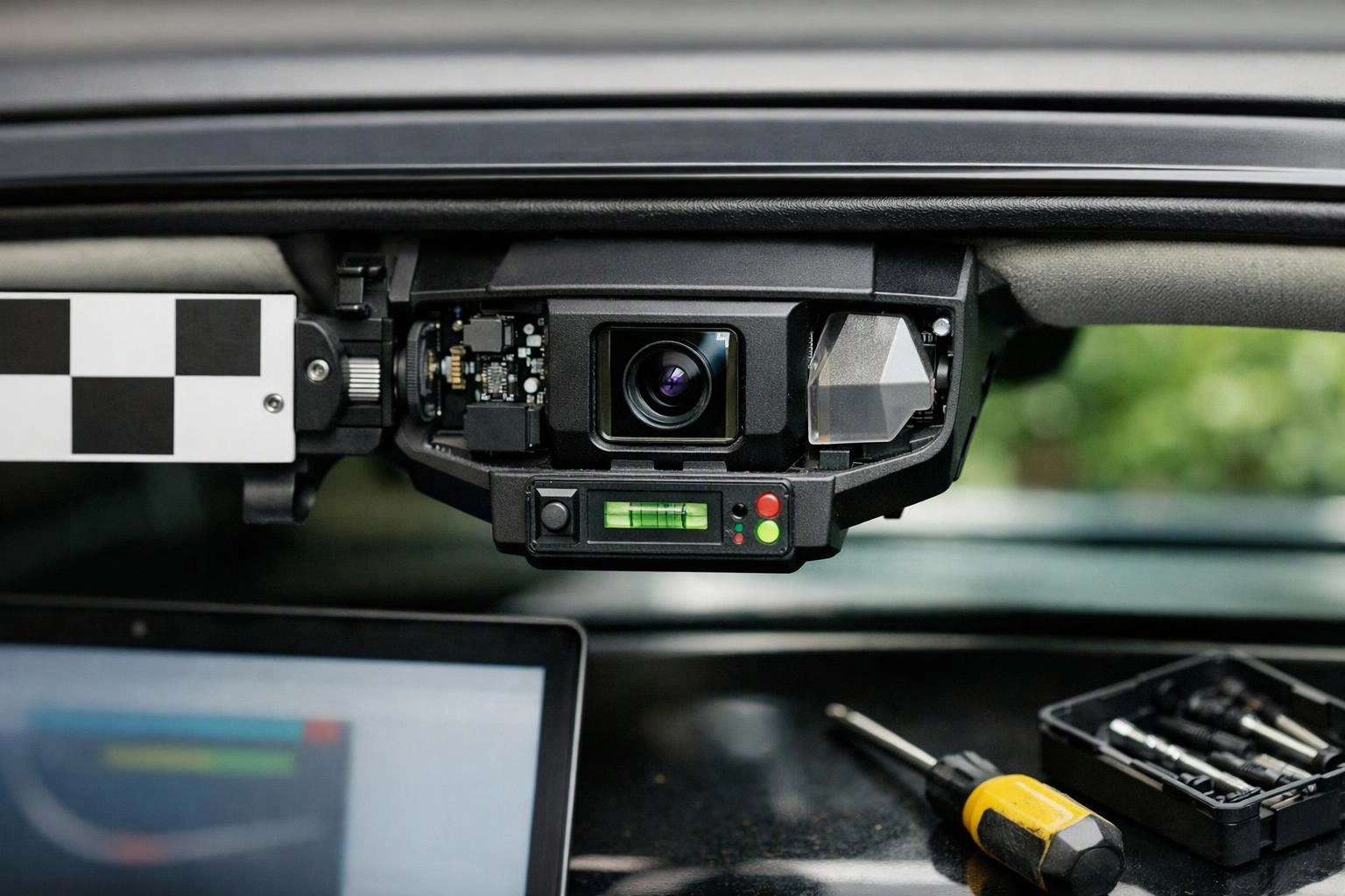 A dashboard-mounted camera system sits above a car interior, with tools and a laptop below it