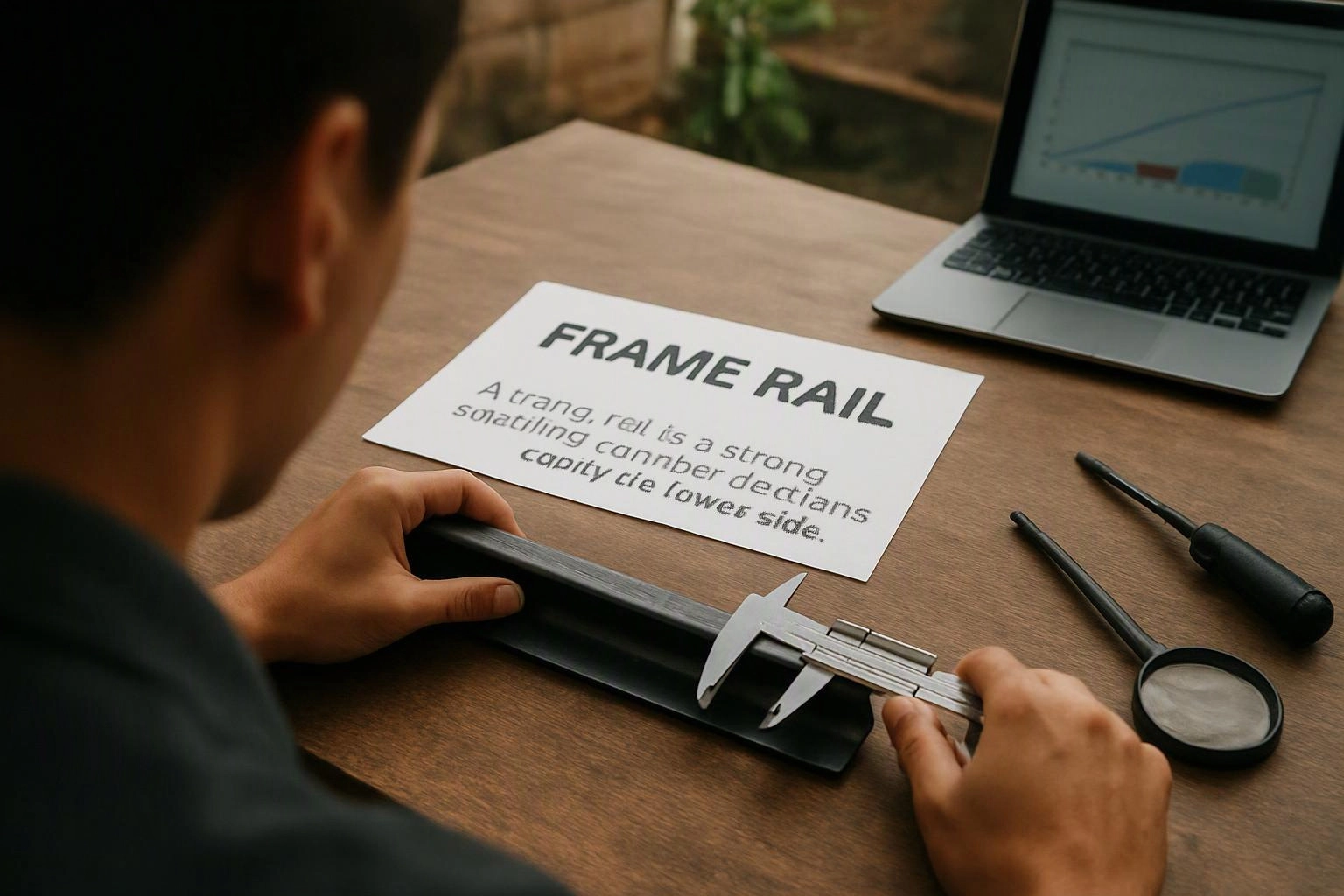 A person measures a black frame rail on a wooden desk beside a laptop, paper, and tools