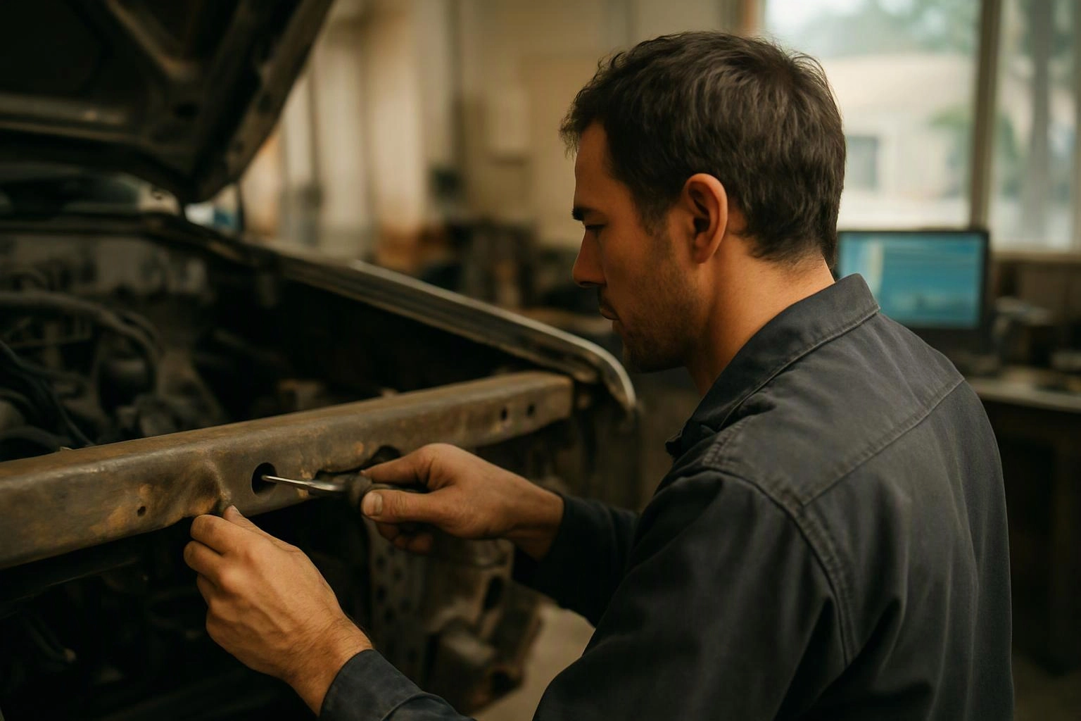 A mechanic in a dark work shirt uses a screwdriver to inspect a vehicle with its hood open in a garage
