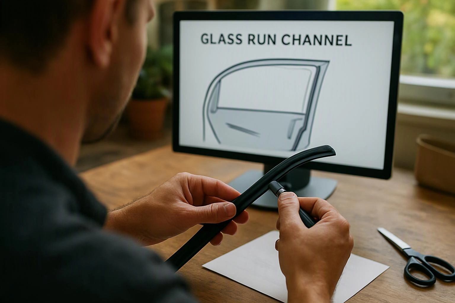 A person holds a black rubber strip at a desk while a monitor shows a glass run channel diagram