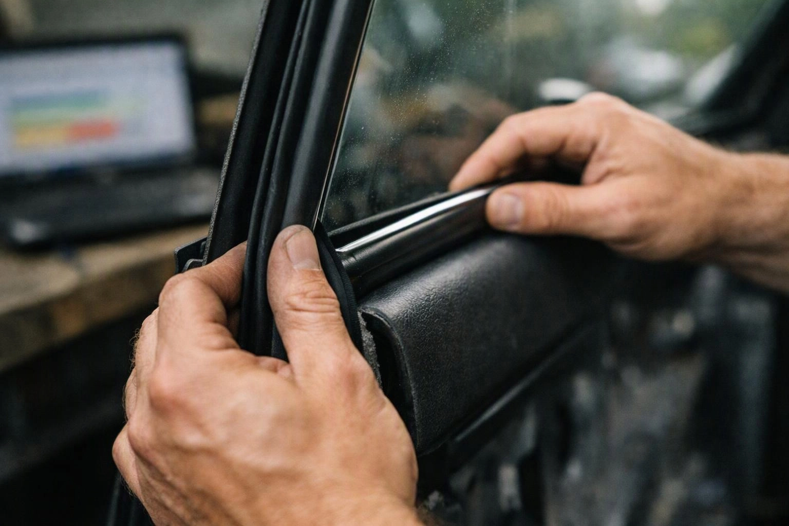 Close-up of hands fitting a rubber window seal onto a car door frame inside a workshop