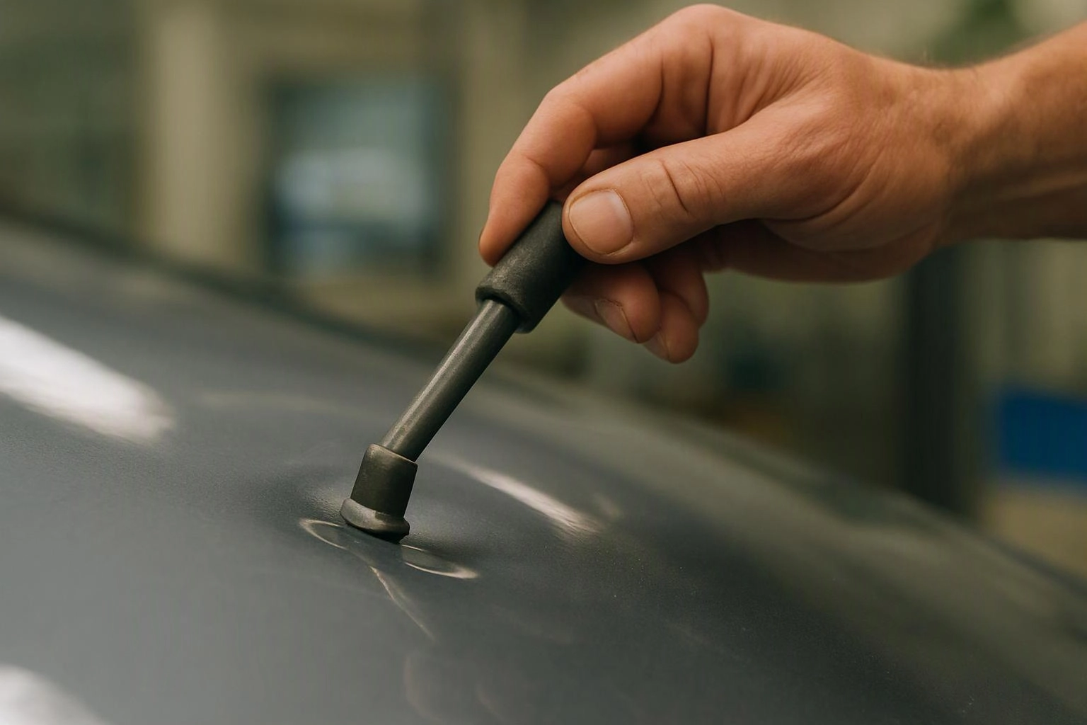 A hand holds a screwdriver against a car hood, working on a small dent in a garage