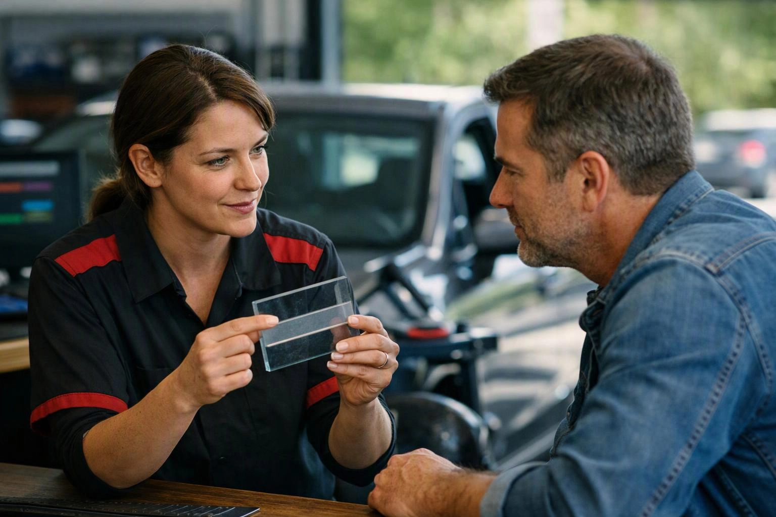 A woman shows a clear glass panel to a man across a counter in a garage setting