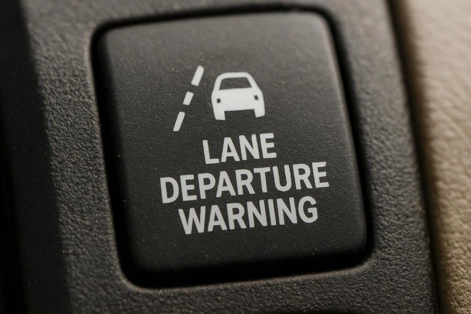 A car dashboard button shows a lane departure warning icon and text on black plastic