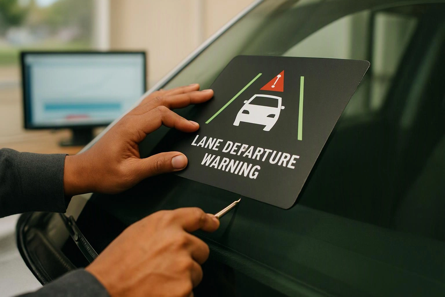 Hands apply a lane departure warning decal onto a car windshield in a workshop