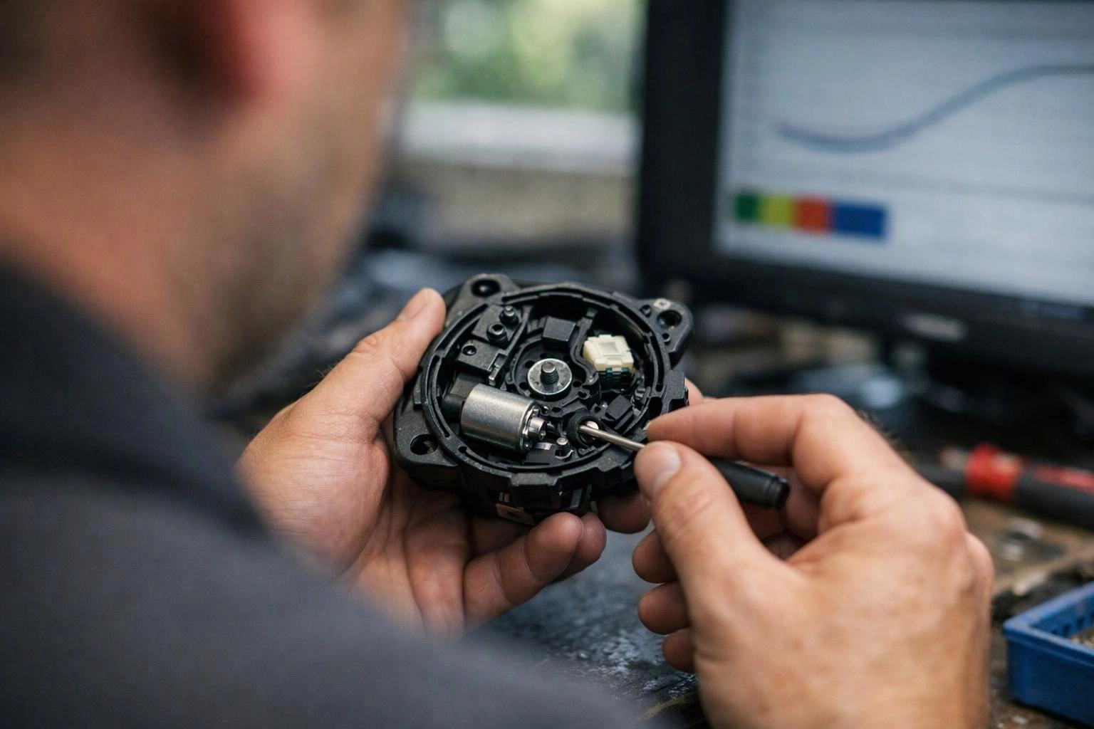 A person holds a small mechanical device and adjusts its parts with a screwdriver at a workbench