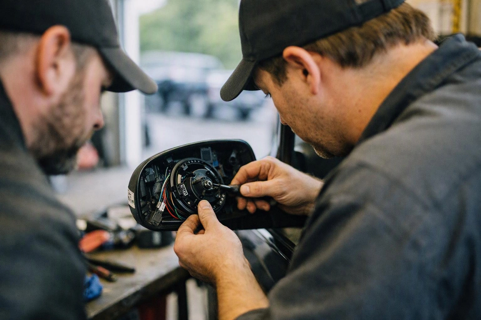 Two mechanics in black caps repair a car side mirror with exposed wiring in a workshop