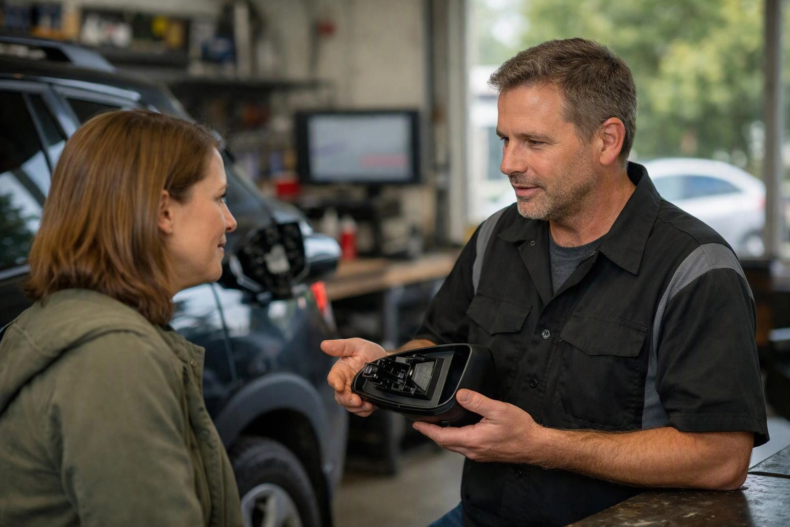 A mechanic shows a car mirror part to a woman inside a repair shop