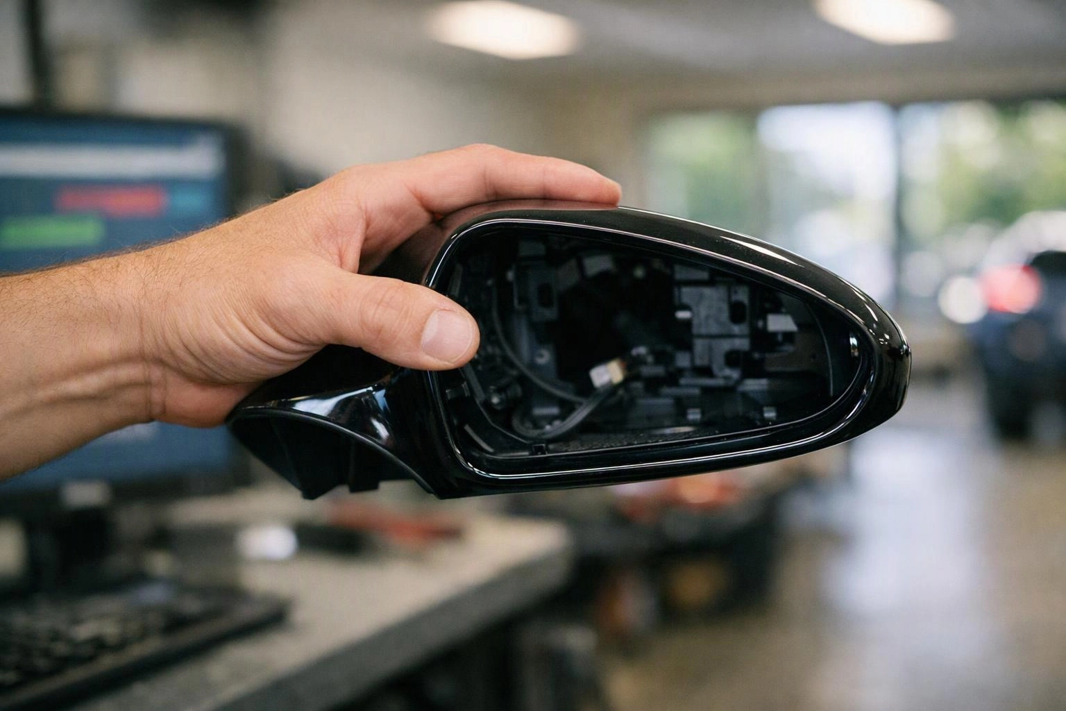 A hand holds a glossy black car side mirror housing inside a blurred workshop