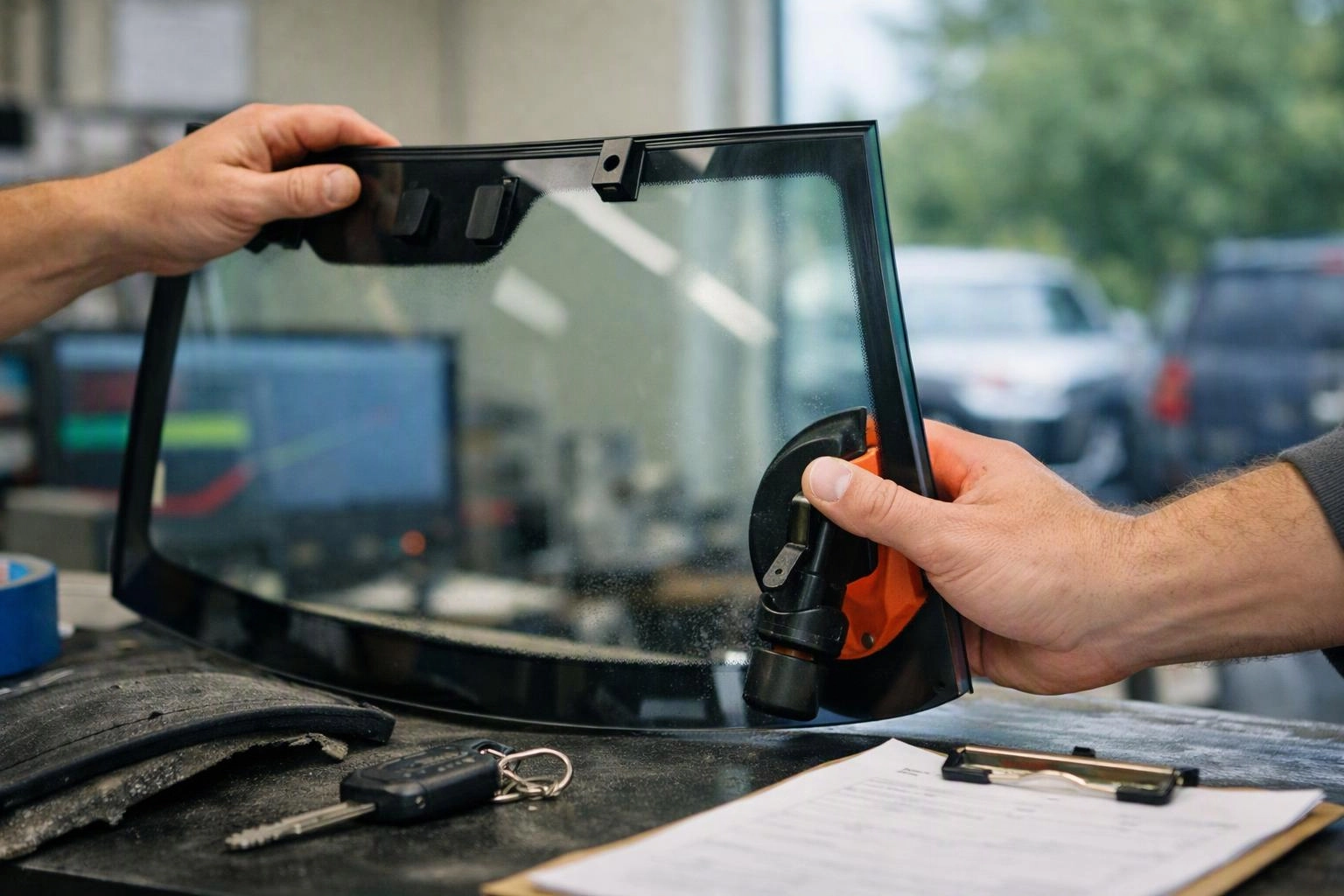 Hands hold a car windshield against a workbench with keys, a clipboard, and a blurred office background